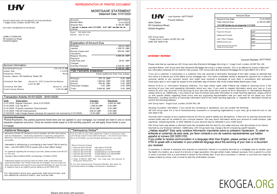 Royaume , Uni Relevé hypothécaire bancaire du groupe LHV aux formats Word et PDF, 3 pages 1 , 2